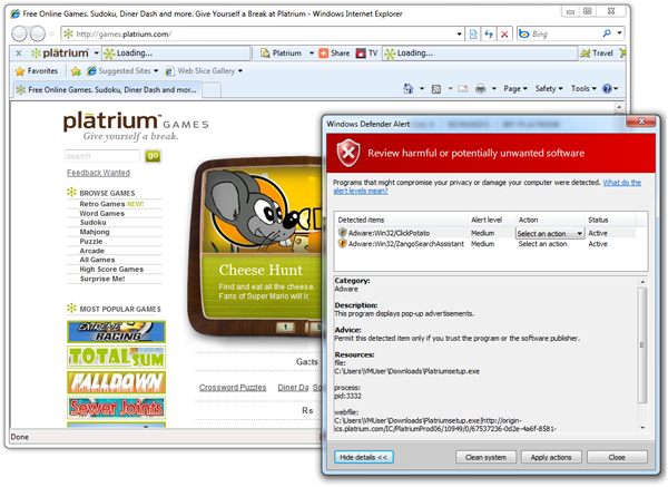 A screenshot of a game site and of a warning message about potentially harmful adware